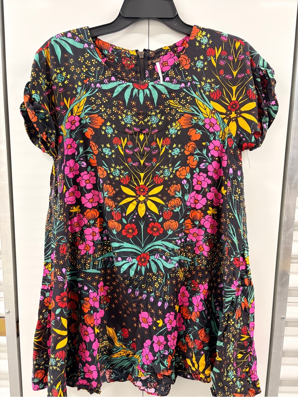 Free People Black Floral Short Sleeve Tunic with Pink, Yellow & Teal Accents